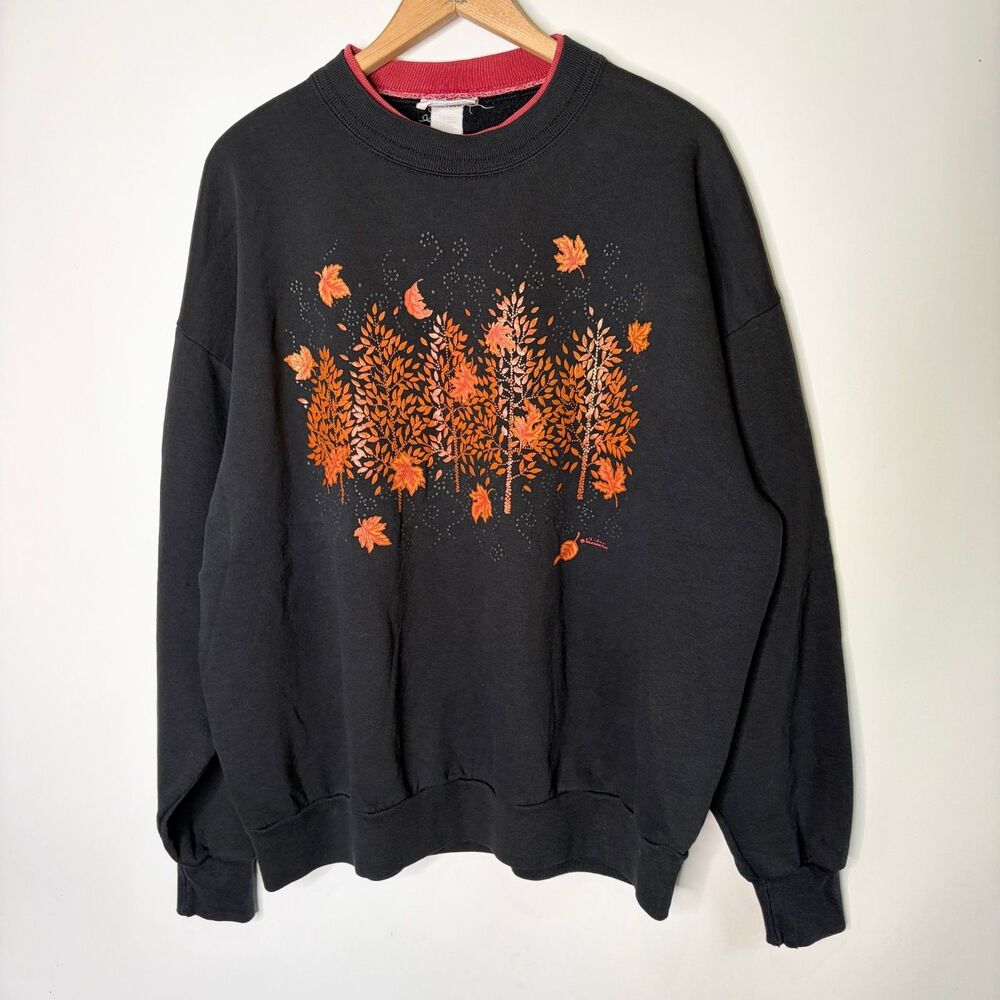 Vintage Morning Sun Sweatshirt Fall Leaves Harvest Black Orange Women XL